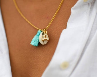 Shell and Tassel Personalized Initial Gold Chain Necklace