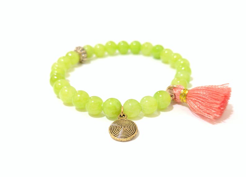 Green Dyed Jade Beaded Charm Bracelet with Pink Tassel