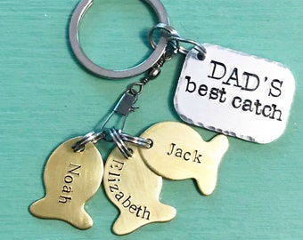Dad's Best Catch Fishing Keychain with Kids' Names--Gift for Dad--Keychains for Men--Fisherman Keychain--Gift from Kids to Dad--Fishing Dad