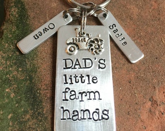 Farmer Dad Keychain with Kids' Names--Dad's Little Farmhands--Tractor Keychain--Farm Dad Gift