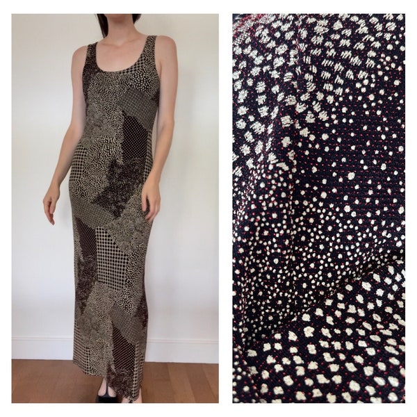 90's slinky textured embossed maxi dress / black and white with red sparkles / approx Small to Medium (see measurements)