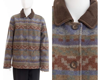 Woolrich wool jacket with suede collar / Southwestern abstract woven pattern / brown + blue + green / vintage / size large