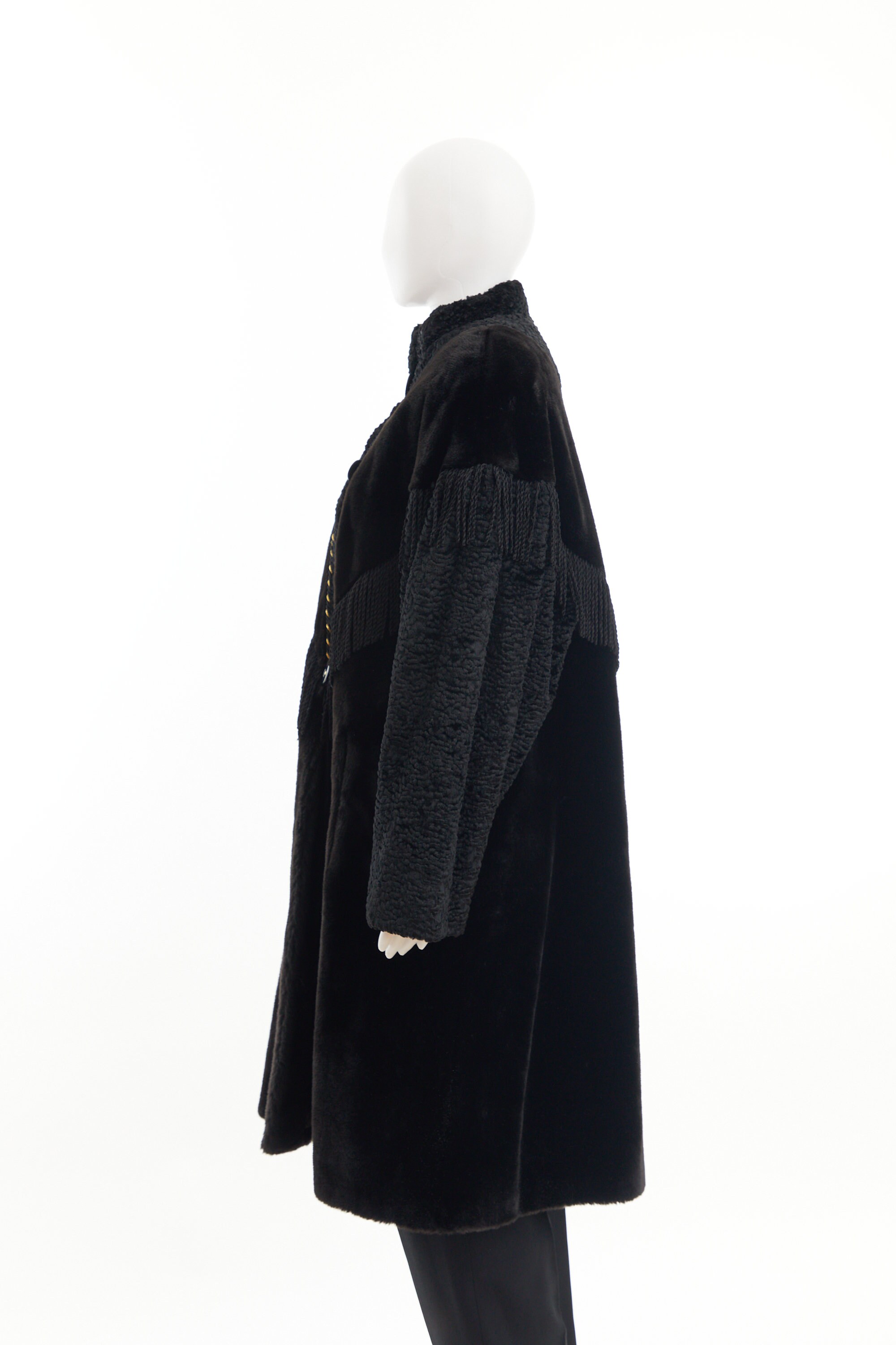 80's Black Faux Fur Coat / Fringe Coat With Gold Ribbon Detail / Medium ...