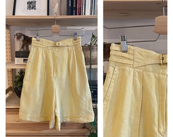 90's vintage Escada yellow shorts / 100% linen / high waist / european size 38 / approx size small