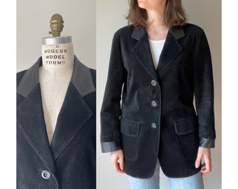 90's Y2K black suede blazer jacket / leather collar and cuffs / size medium