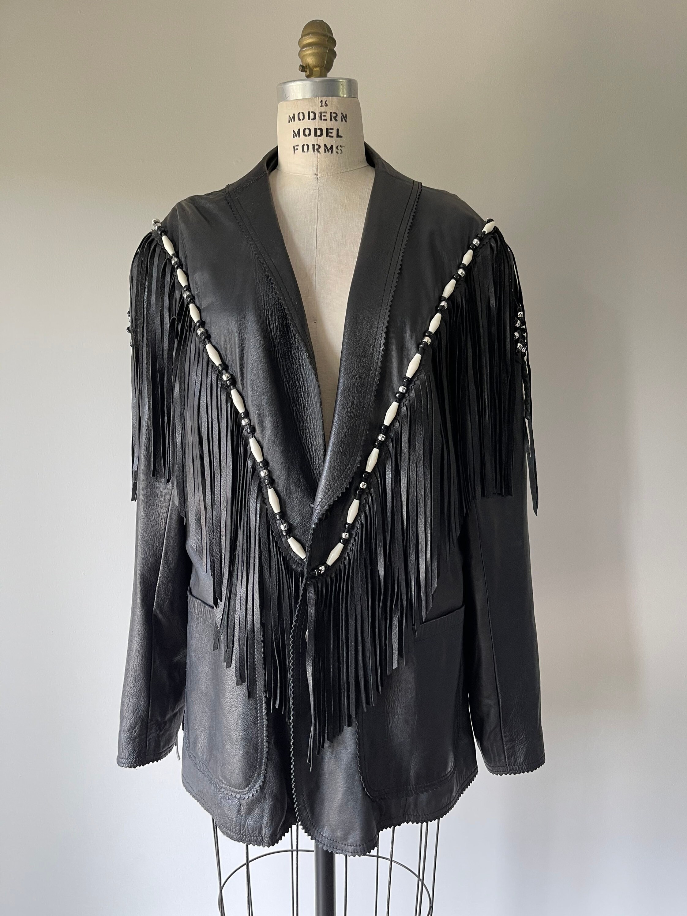 South western fringe black leather jacket / beaded leather | Etsy