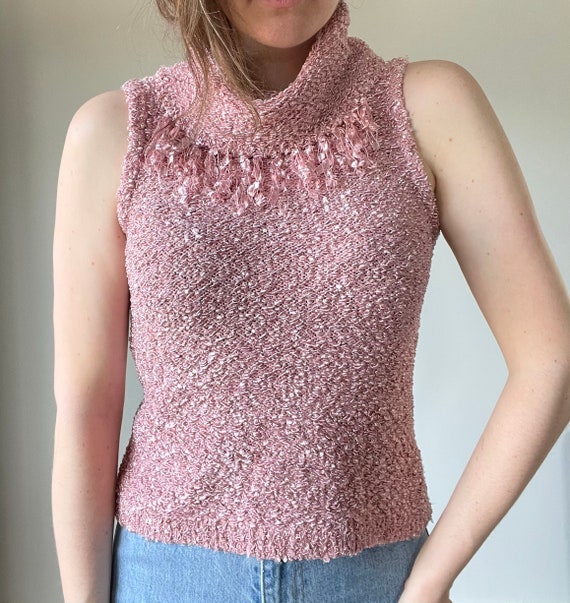 Cute 90's Y2K pink knit sleeveless top / knit ves… - image 7