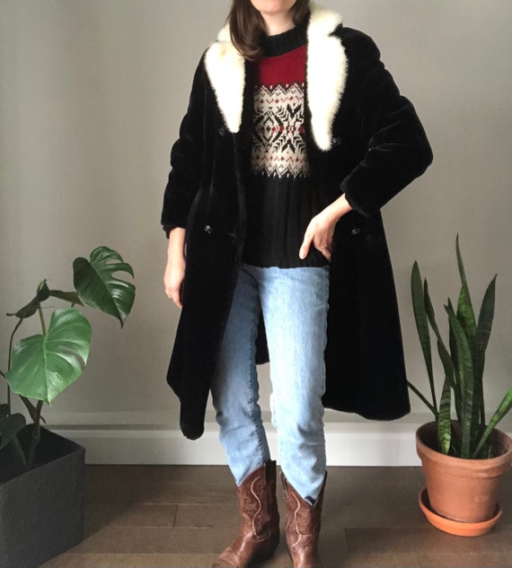 60's black faux fur coat with genuine white fur co