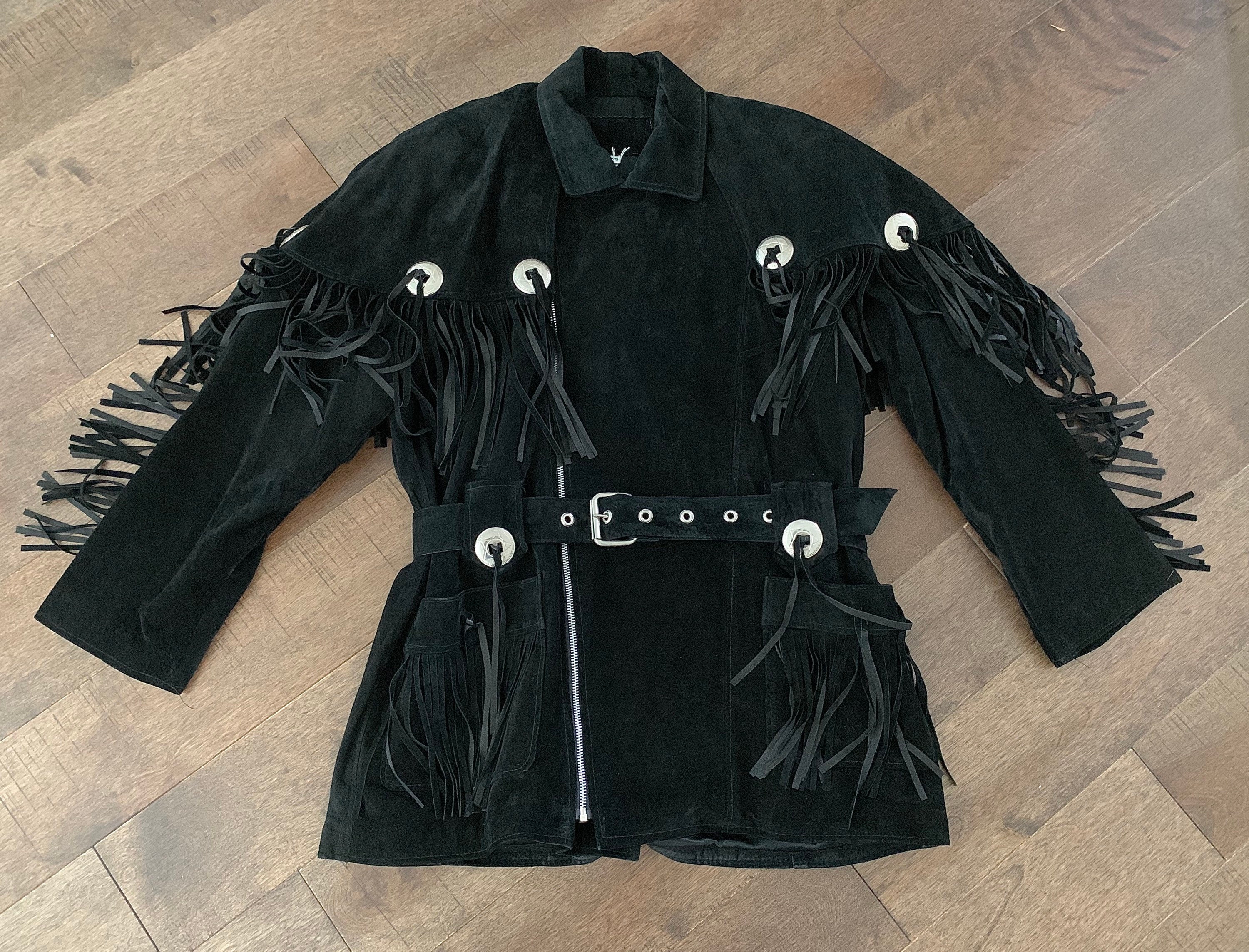 90's western black suede fringe leather jacket / Attached | Etsy