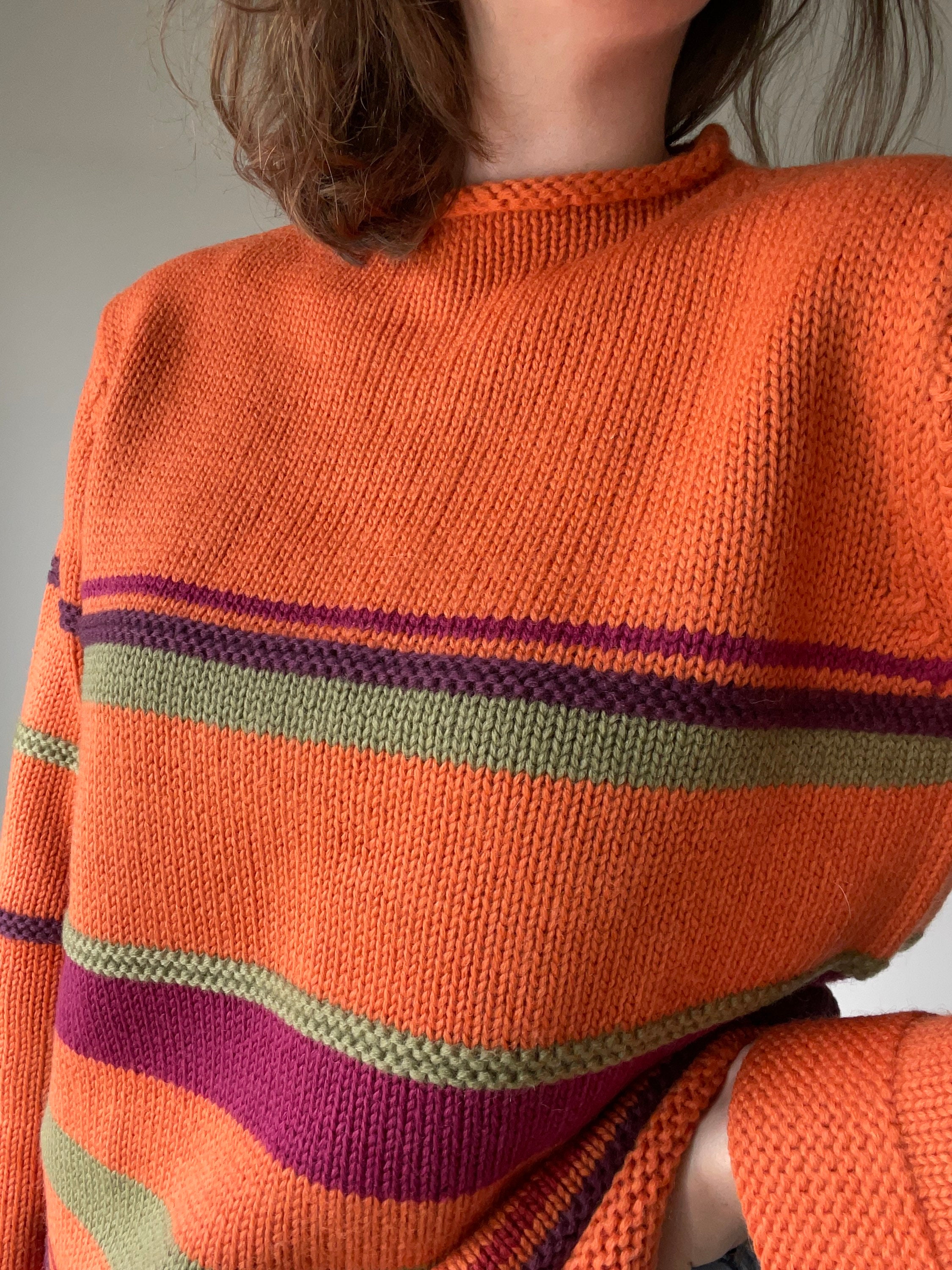 70's striped pullover knit sweater / 100% wool / orange | Etsy