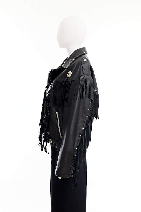 Vintage black leather fringed jacket / studs and c