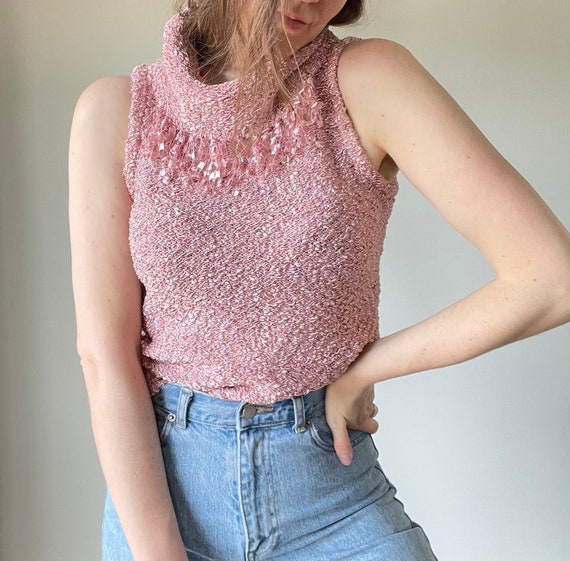 Cute 90's Y2K pink knit sleeveless top / knit ves… - image 2