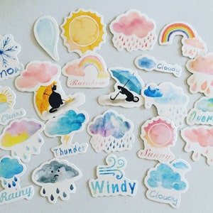 Weather Watercolour Planner Stickers, Clouds Deco Stickers, Rainbow Stickers, Journaling/Scrapbooking/Crafting Stickers, Card Embellishments