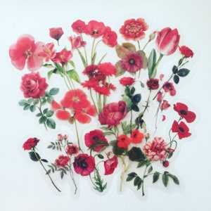 Conjunto de adesivos de flores vermelhas, adesivos de buquê de flores silvestres, adesivos de papoula, adesivos de rosas vermelhas, adesivos florais boho hippie, adesivos de prado