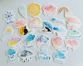 Weather Watercolour Planner Stickers, Clouds Deco Stickers, Rainbow Stickers, Journaling/Scrapbooking/Crafting Stickers, Card Embellishments