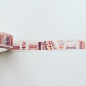 Taśma Washi z kotem na półce, Planer książek Washi, Bookworm Washi, Taśma do scrapbookingu/dziennika z kotem, Materiały do planera, Prezent dla miłośnika książek