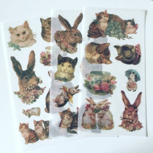 Vintage Art Deco Tieraufkleber, Antiker Osterhase Aufkleber, Retro Katzen/Kaninchen-Sticker, Vintage Tier-Sammelalbum-Aufkleber