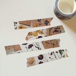 Washi-tape met gedroogde bloemen, retro geperste bloem art-decotape, vintage journallingtape met bloemen, retro bruine papieren collage-washi