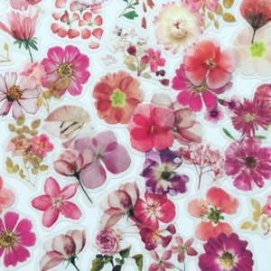 Geperste roze bloemenbloesemstickers, stickers gedroogde bloemen, roze wilde bloemenstickers, stickers boho bloemen, stickers weidebloem, bloemenstickers