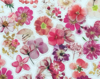 Pressed Pink Flower Stickers: Boho Floral Bloom Stickers (40pc)
