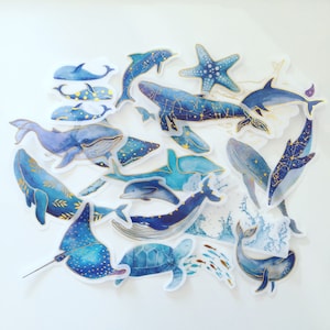 Stickers zeedieren, stickers blauwe vinvis, dolfijnstickers, zeedieren plannerstickers, gouden accenten orca-stickers, stickers zee / oceaan