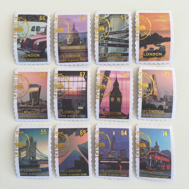 May include: Twelve vintage-style postage stamps featuring various London landmarks, including Big Ben, the Tower Bridge, and St. Paul's Cathedral. Each stamp has a gold border and the text "@LONDON HAVE A GOOD TRIP".