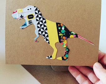Handmade T-Rex Collage Card: Funky Dinosaur Birthday Card