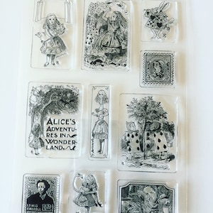 Timbri in acrilico trasparente Alice nel paese delle meraviglie, timbri per libri vintage, timbri per pianificatori di lettura/topo di biblioteca, timbri per scrapbooking, forniture per bricolage