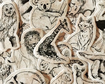 Vintage Animal Sketch Stickers: Safari & Woodland Fauna, Scrapbook Stickers