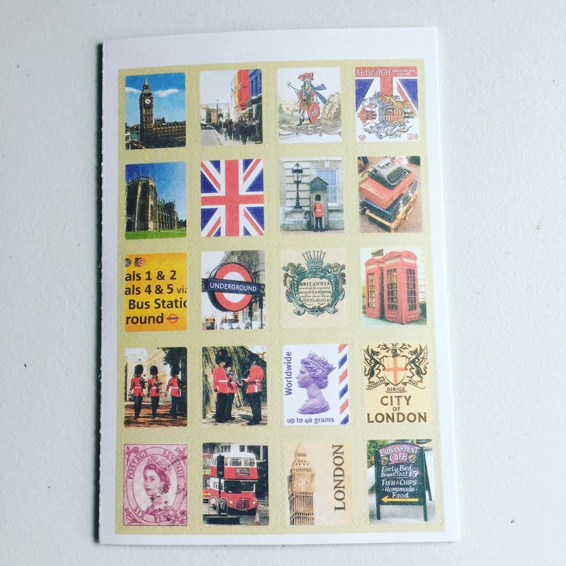 K&ouml;nnte beinhalten: Eine Bogen mit Aufklebern mit verschiedenen Bildern, die sich auf London, England, beziehen. Die Aufkleber zeigen Bilder von Big Ben, der Union Jack Flagge, roten Telefonzellen und dem Logo der Londoner U-Bahn. Die Aufkleber sind auf wei&szlig;em Hintergrund mit gelbem Rand gedruckt.