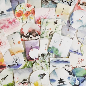 Adesivi artistici giapponesi con acquerelli, adesivi con paesaggio giapponese, confezioni regalo, etichette di carta, etichette per imballaggio, adesivi per album di ritagli asiatici