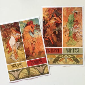 Pegatinas grandes de póster Art Nouveau de las cuatro estaciones, pegatinas de Alphonse Mucha, pegatinas con ilustraciones Art Déco vintage de primavera/verano/otoño/invierno