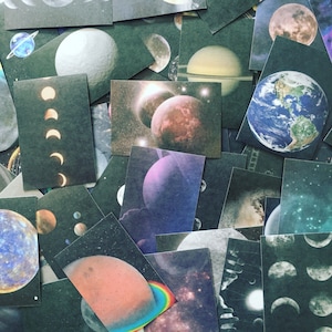 Vintage ruimteillustraties, retro stickers sterren/planeten, hemelstickers, plannerstickers melkwegnevel, stickers maancrafting