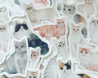 Watercolour Cat Stickers, Journal Scrapbook Planner Stickers