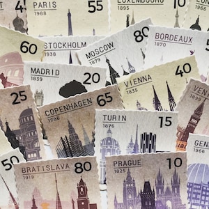 Naklejki z motywem miast europejskich w stylu vintage, naklejki do planowania zabytków w stylu retro, naklejki ze znaczkami do dzienników podróży w stylu vintage, artykuły do scrapbookingu