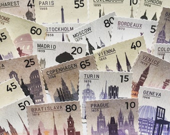 Vintage European Cities Stickers: Retro Travel Journal Scrapbook Stickers