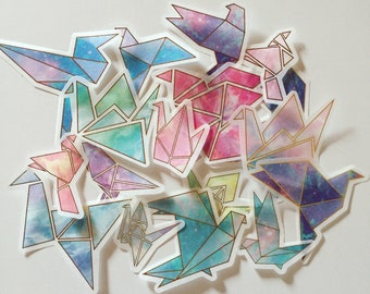 Akvarell origami-klistermärken med kranar: Japanskt papper med guldfärgad accent (set om 20)
