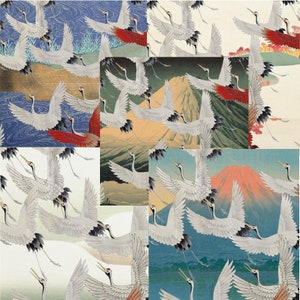 May include: A collage of nine images featuring stylized illustrations of cranes in various poses against a backdrop of mountains and water. The cranes are depicted in shades of white, gray, and black, with some featuring red accents. The images are arranged in a grid pattern, creating a visually appealing and harmonious composition.