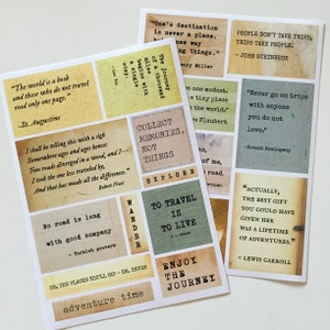 Stickervel reiscitaten, vintage typeschrift stickers beroemde woorden, stickers plakboek/reisdagboek ontdekkingsreiziger, stickers toerist/toerisme