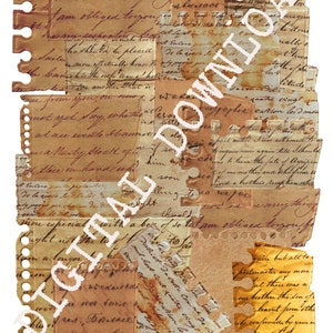 Notes de collage de papier déchiré d'écriture numérique ancienne, notes manuscrites anciennes imprimables, bandes de journal/scrapbook éphémères de papier kraft vintage