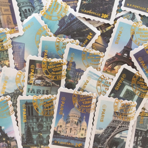 Paris Landmarks Stamp Stickers, France Postage Stamp Stickers, French Scrapbook Stickers, Travel Journal Stickers, Card Embellishment