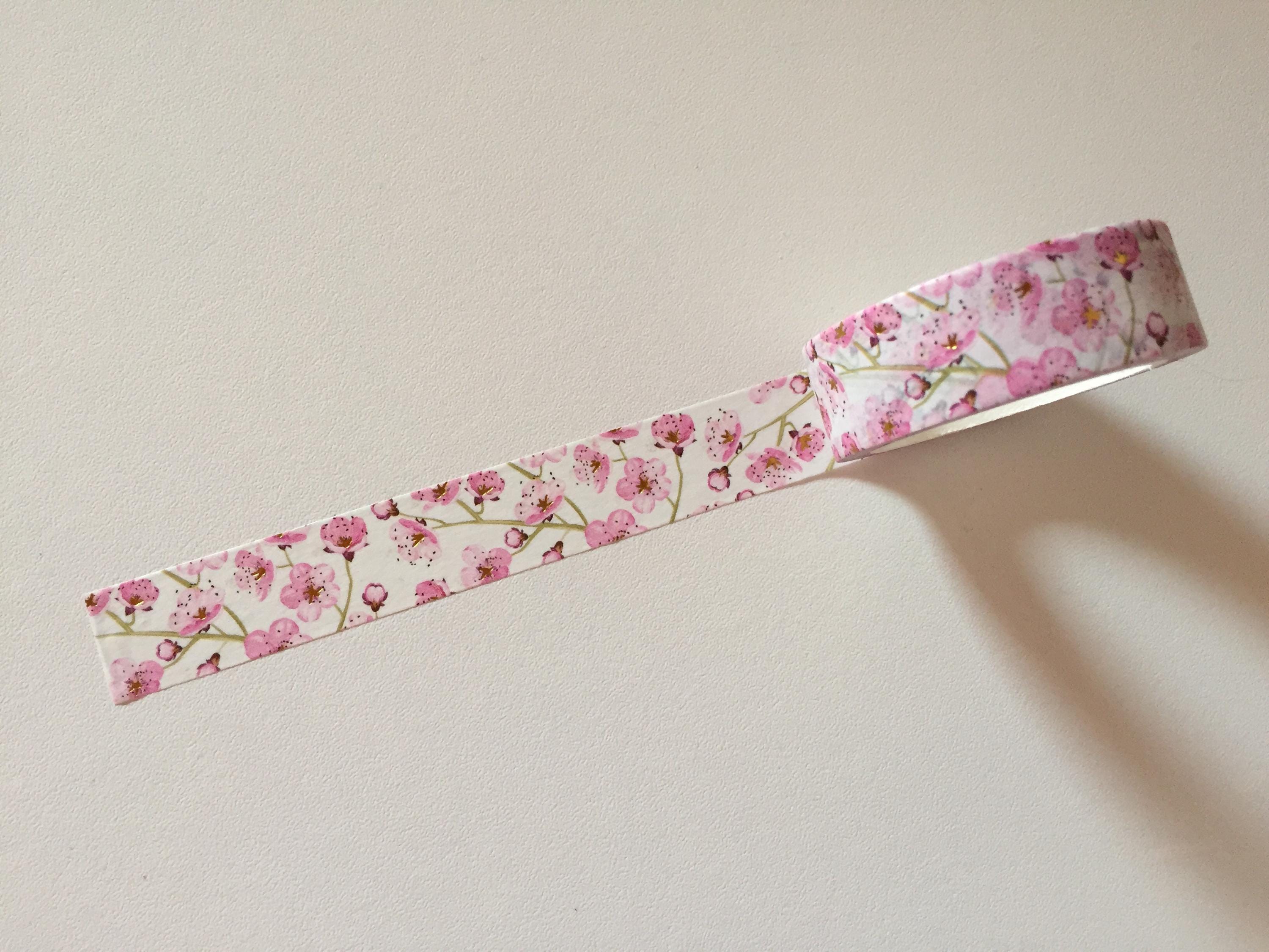 Plum Blossom Washi Tape, Pink Flower Planner Washi, Romantic Floral Washi, Gold Accents Shabby Chic Washi, Japanese Decorative Tape