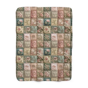 Cottagecore Floral Quilt Blanket | 3D Faux Patchwork Sherpa Throw | Vintage Garden Cozy Blanket