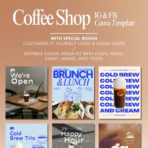 Modelo de IG Canva para cafeteria e visual de marca – Kit editável para mídias sociais (Instagram/Facebook) com logotipo, cardápio, evento, contratação, etc.