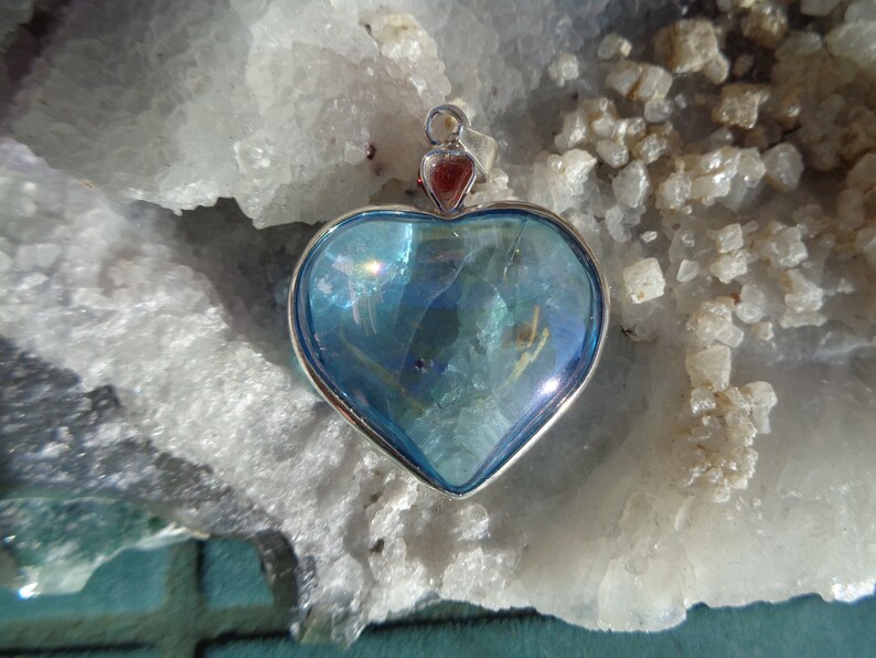 A Grade Wrapped in Sterling Silver Aqua Aura Heart with faceted heart in Garnet Pendant Beautiful