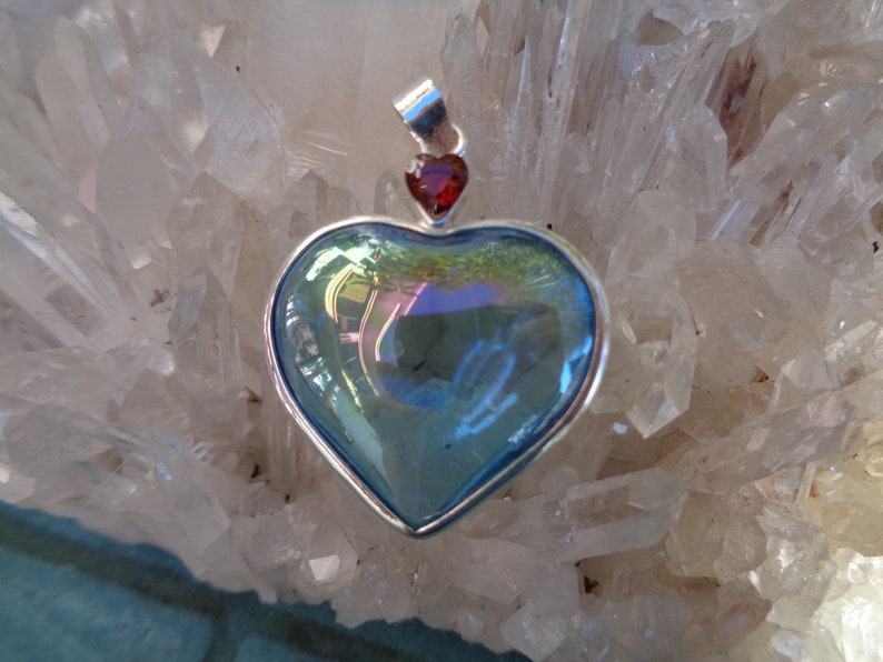 A Grade Wrapped in Sterling Silver Aqua Aura Heart with faceted heart in Garnet Pendant Beautiful