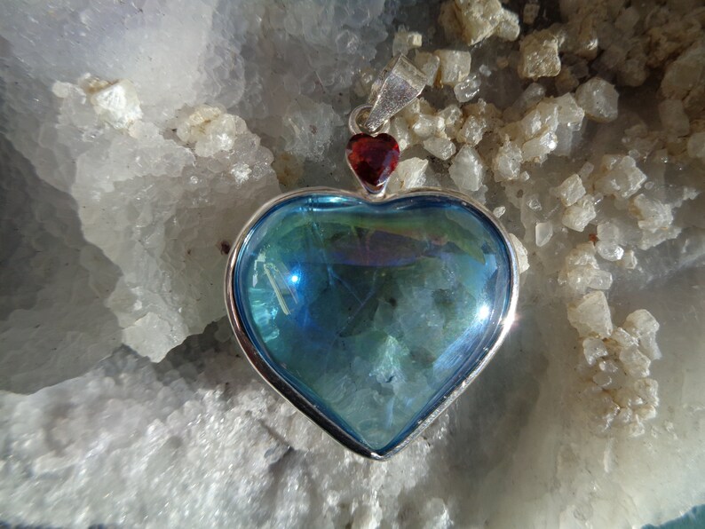 A Grade Wrapped in Sterling Silver Aqua Aura Heart with faceted heart in Garnet Pendant Beautiful
