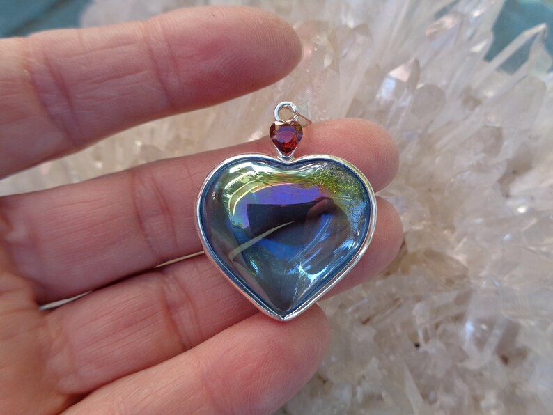 A Grade Wrapped in Sterling Silver Aqua Aura Heart with faceted heart in Garnet Pendant Beautiful