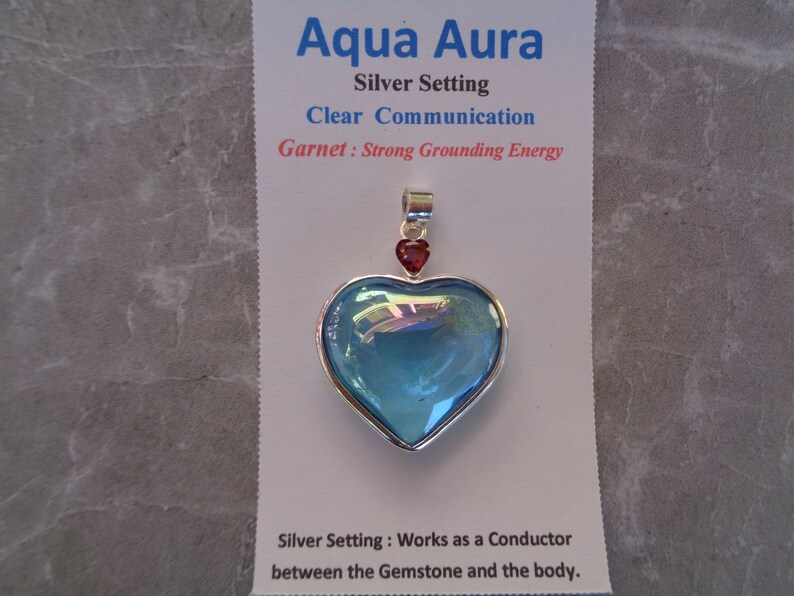 A Grade Wrapped in Sterling Silver Aqua Aura Heart with faceted heart in Garnet Pendant Beautiful