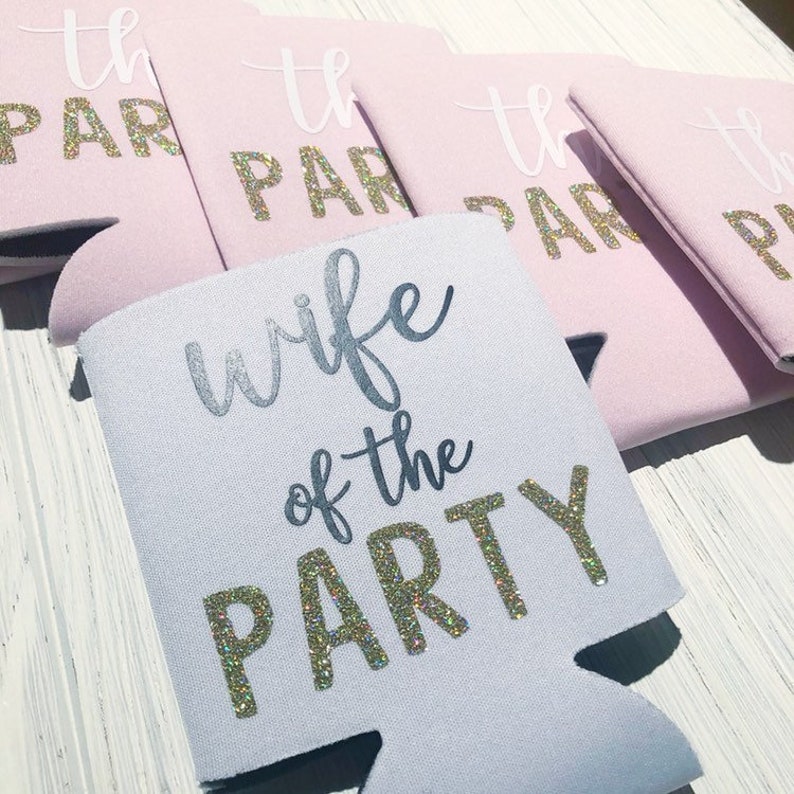 Custom beer holders Bridal party Bridesmaids Blush pink Personalized Gold the party,bachelorette can coolers Wife of the party